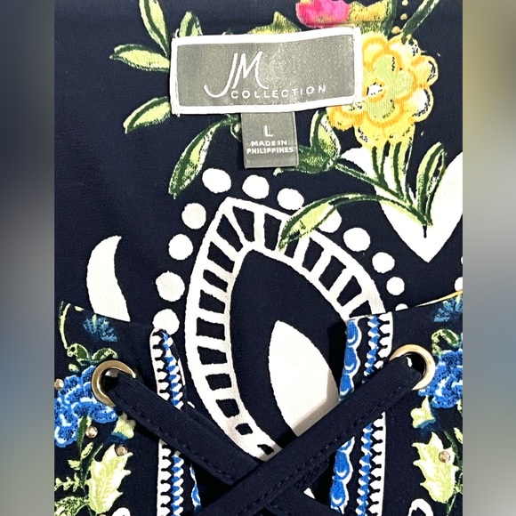 JM Collection Navy Mixed Print Flutter Short Sleeve Women’s Top L - Picture 8 of 10